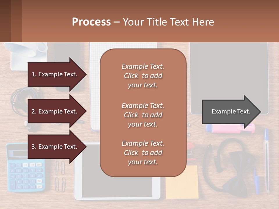 A Wooden Table Topped With Lots Of Office Supplies PowerPoint Template