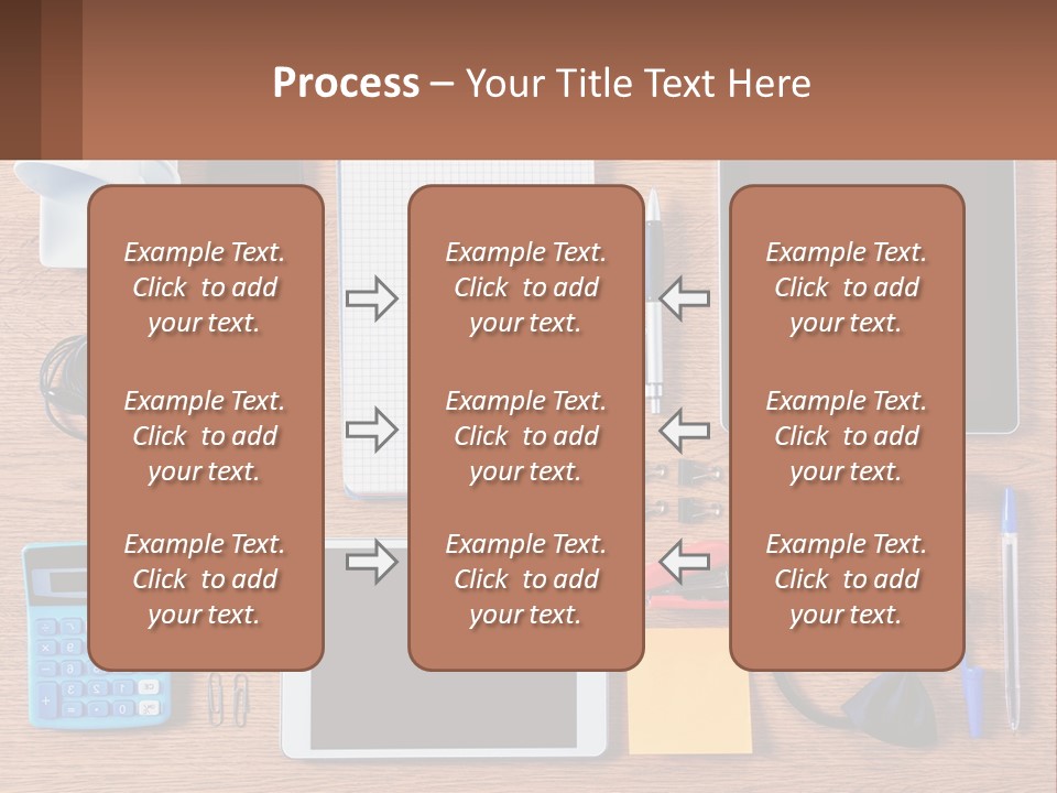 A Wooden Table Topped With Lots Of Office Supplies PowerPoint Template