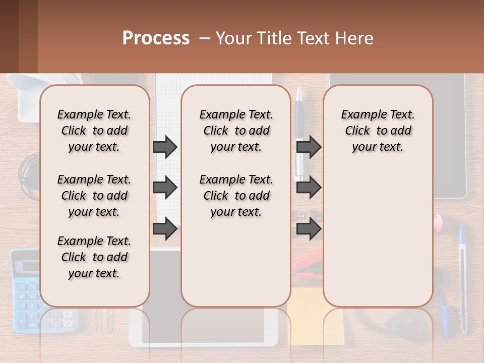 A Wooden Table Topped With Lots Of Office Supplies PowerPoint Template