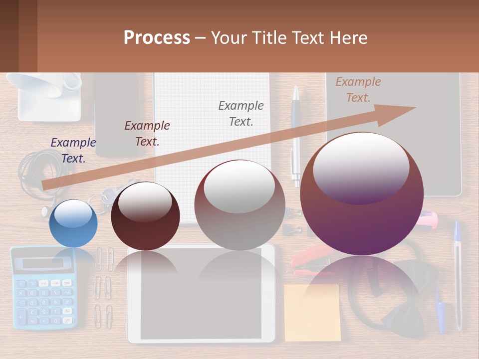 A Wooden Table Topped With Lots Of Office Supplies PowerPoint Template