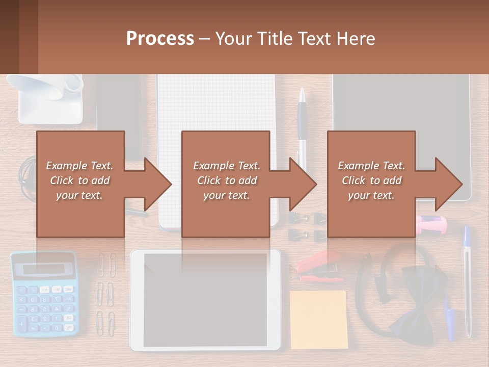 A Wooden Table Topped With Lots Of Office Supplies PowerPoint Template