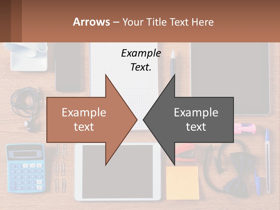 A Wooden Table Topped With Lots Of Office Supplies PowerPoint Template