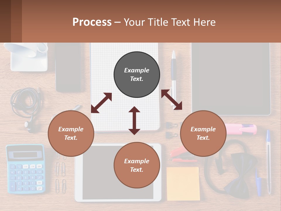 A Wooden Table Topped With Lots Of Office Supplies PowerPoint Template
