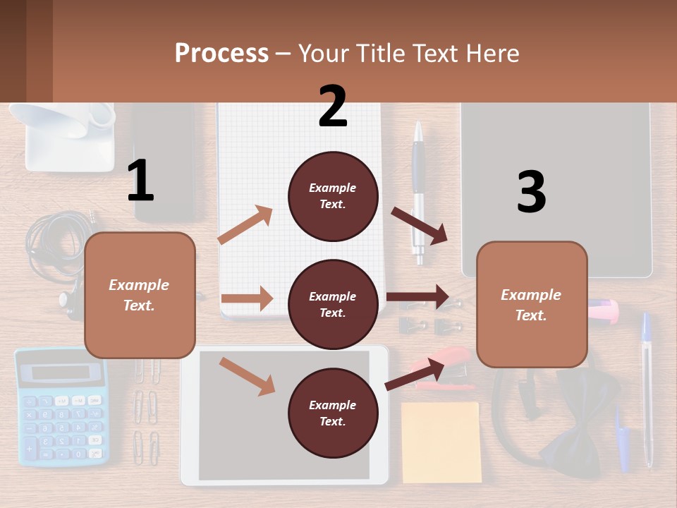 A Wooden Table Topped With Lots Of Office Supplies PowerPoint Template
