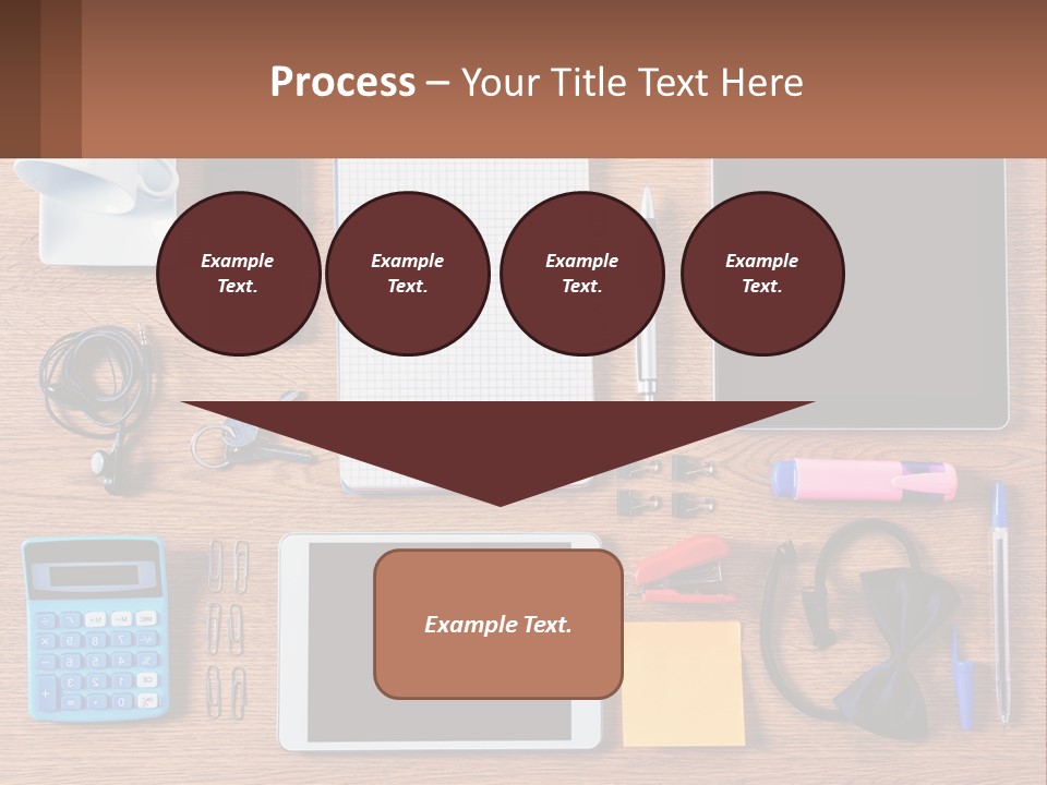 A Wooden Table Topped With Lots Of Office Supplies PowerPoint Template