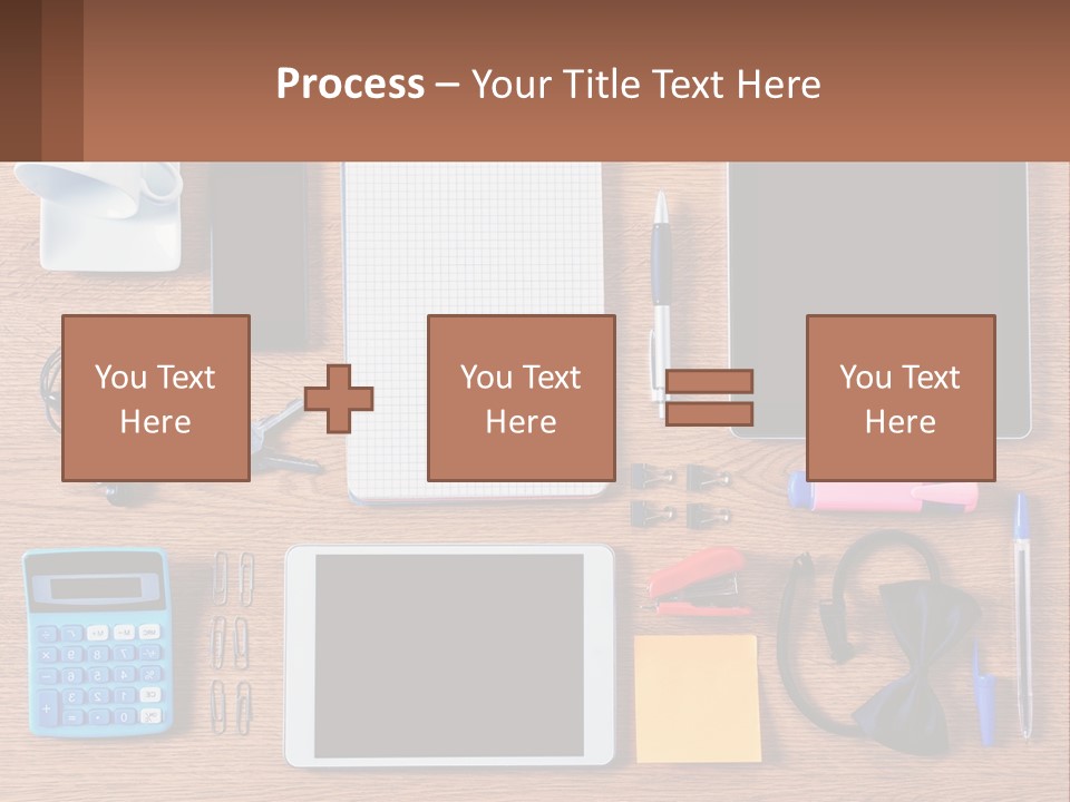 A Wooden Table Topped With Lots Of Office Supplies PowerPoint Template