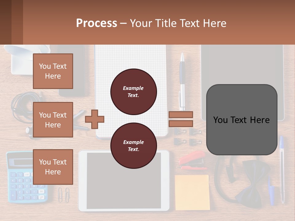 A Wooden Table Topped With Lots Of Office Supplies PowerPoint Template