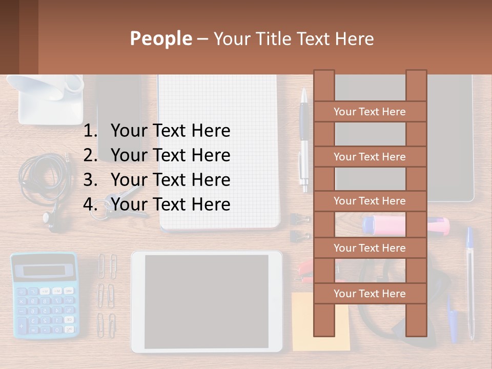 A Wooden Table Topped With Lots Of Office Supplies PowerPoint Template