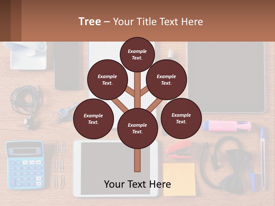 A Wooden Table Topped With Lots Of Office Supplies PowerPoint Template