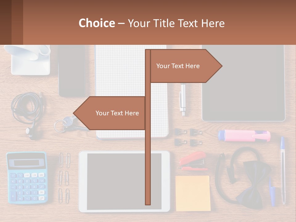 A Wooden Table Topped With Lots Of Office Supplies PowerPoint Template
