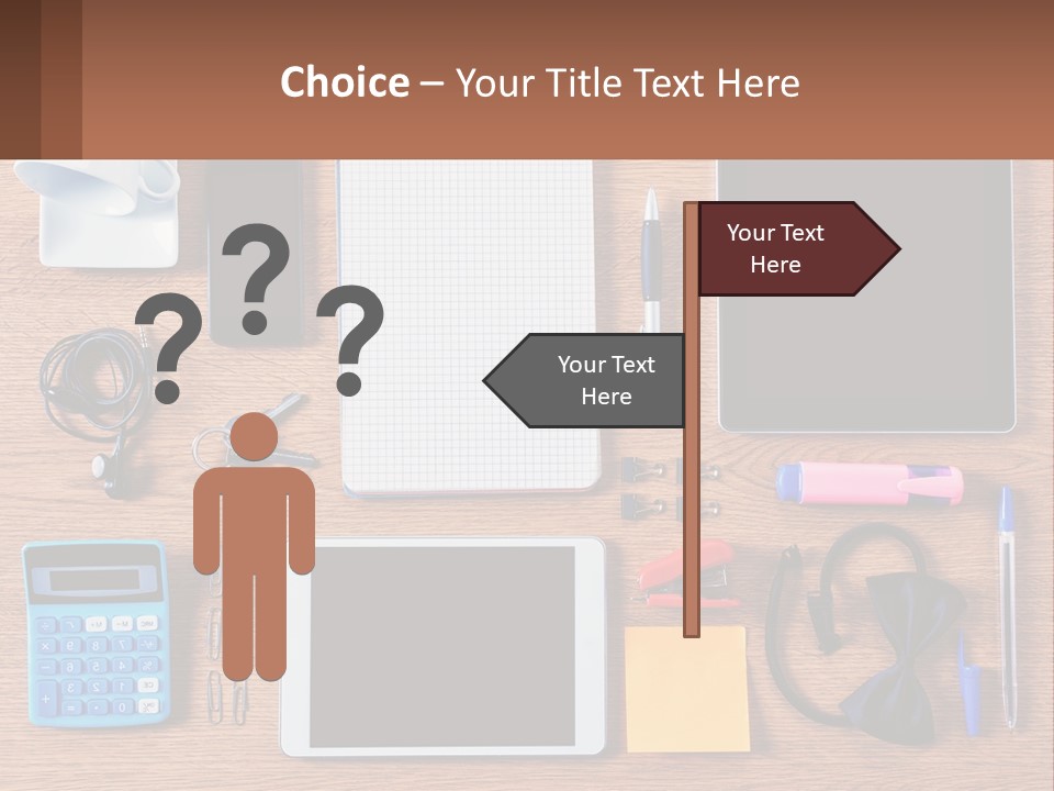 A Wooden Table Topped With Lots Of Office Supplies PowerPoint Template