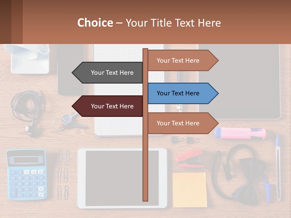 A Wooden Table Topped With Lots Of Office Supplies PowerPoint Template