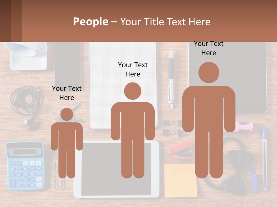 A Wooden Table Topped With Lots Of Office Supplies PowerPoint Template