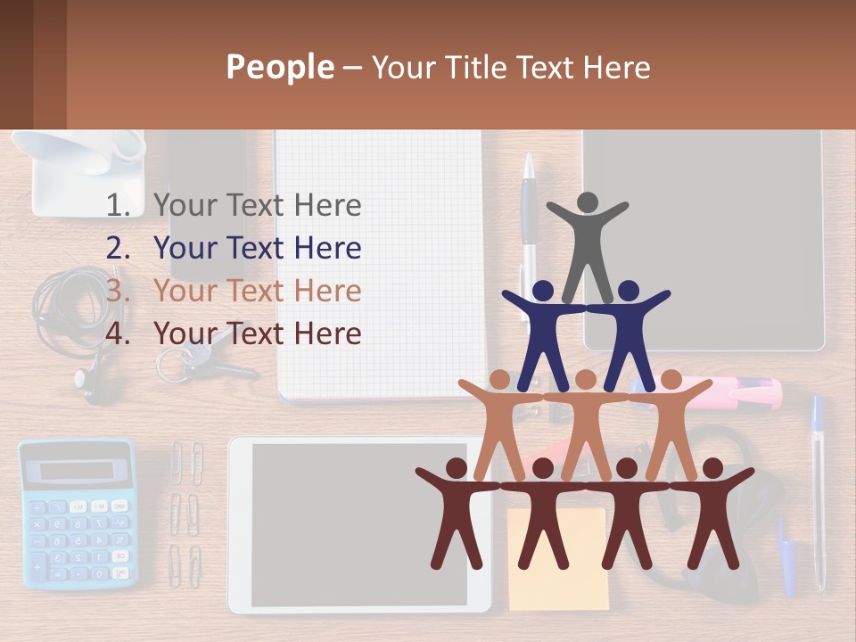 A Wooden Table Topped With Lots Of Office Supplies PowerPoint Template