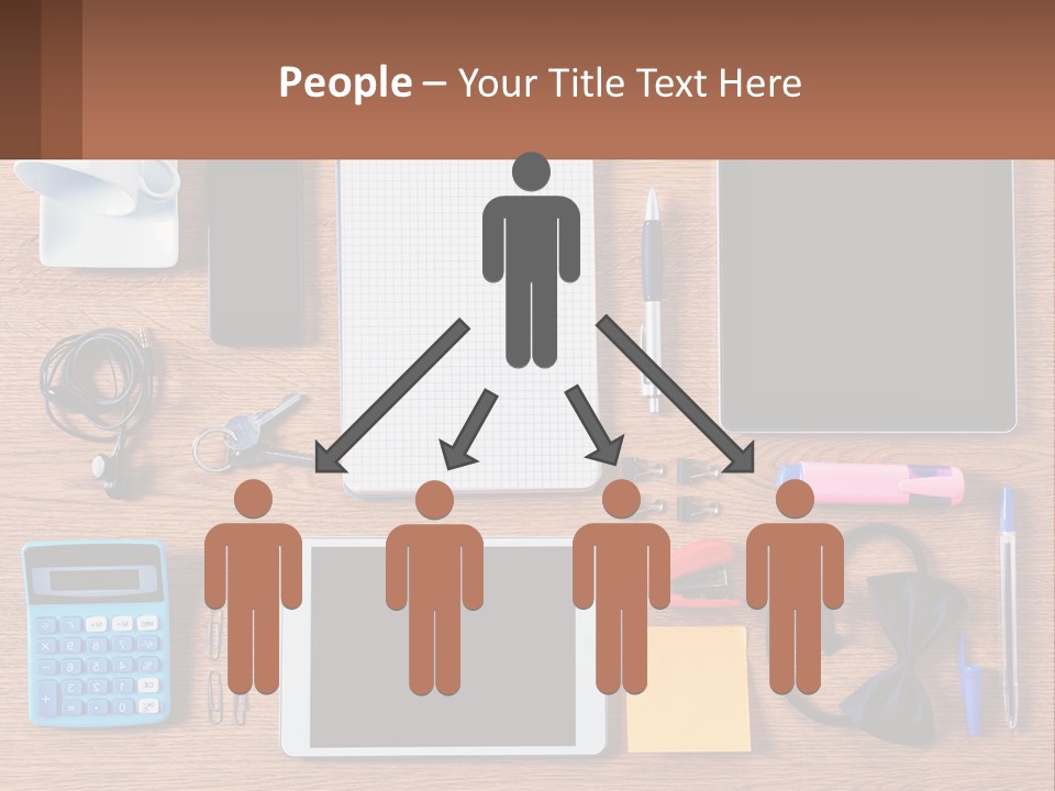 A Wooden Table Topped With Lots Of Office Supplies PowerPoint Template