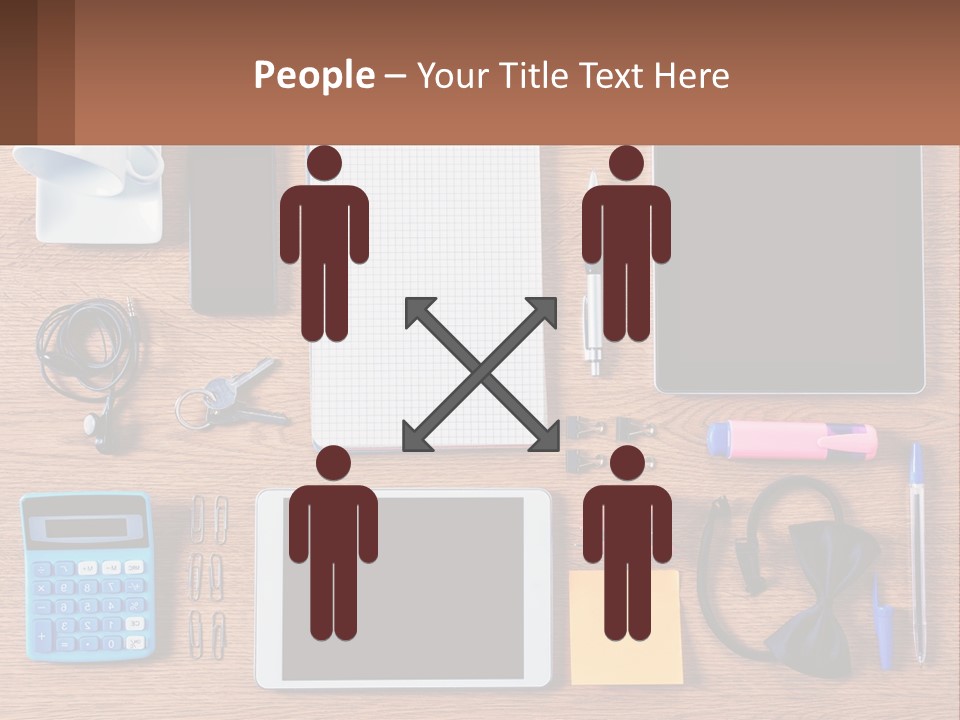 A Wooden Table Topped With Lots Of Office Supplies PowerPoint Template