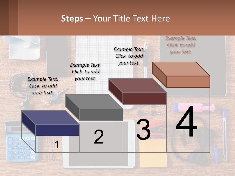 A Wooden Table Topped With Lots Of Office Supplies PowerPoint Template