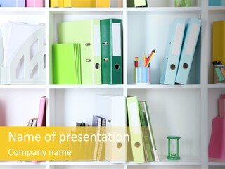 A Book Shelf Filled With Binders And Folders PowerPoint Template