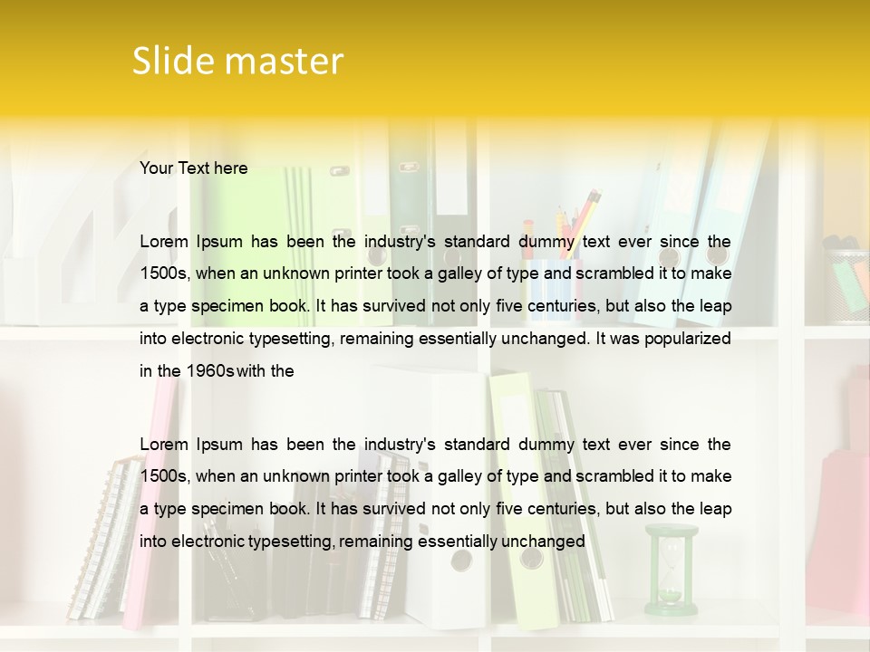 A Book Shelf Filled With Binders And Folders PowerPoint Template