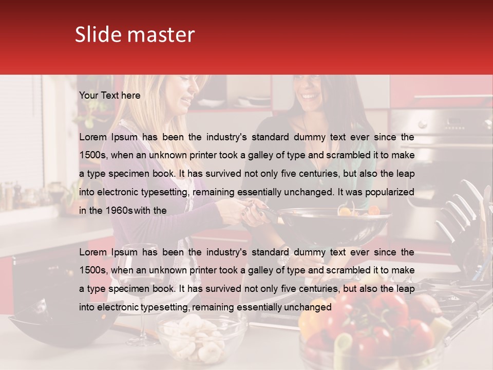 Two Women Standing In A Kitchen Preparing Food PowerPoint Template