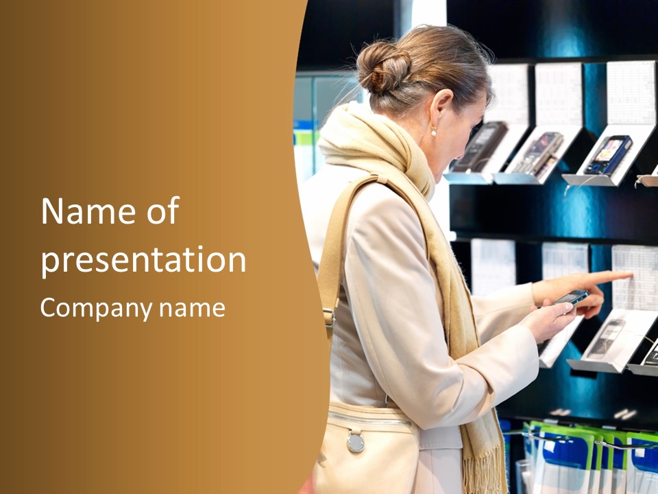 A Woman Is Looking At A Display Of Cell Phones PowerPoint Template