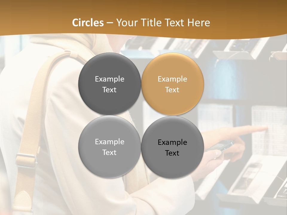 A Woman Is Looking At A Display Of Cell Phones PowerPoint Template