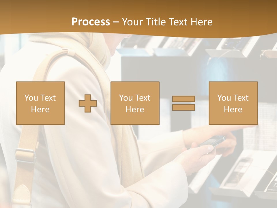 A Woman Is Looking At A Display Of Cell Phones PowerPoint Template