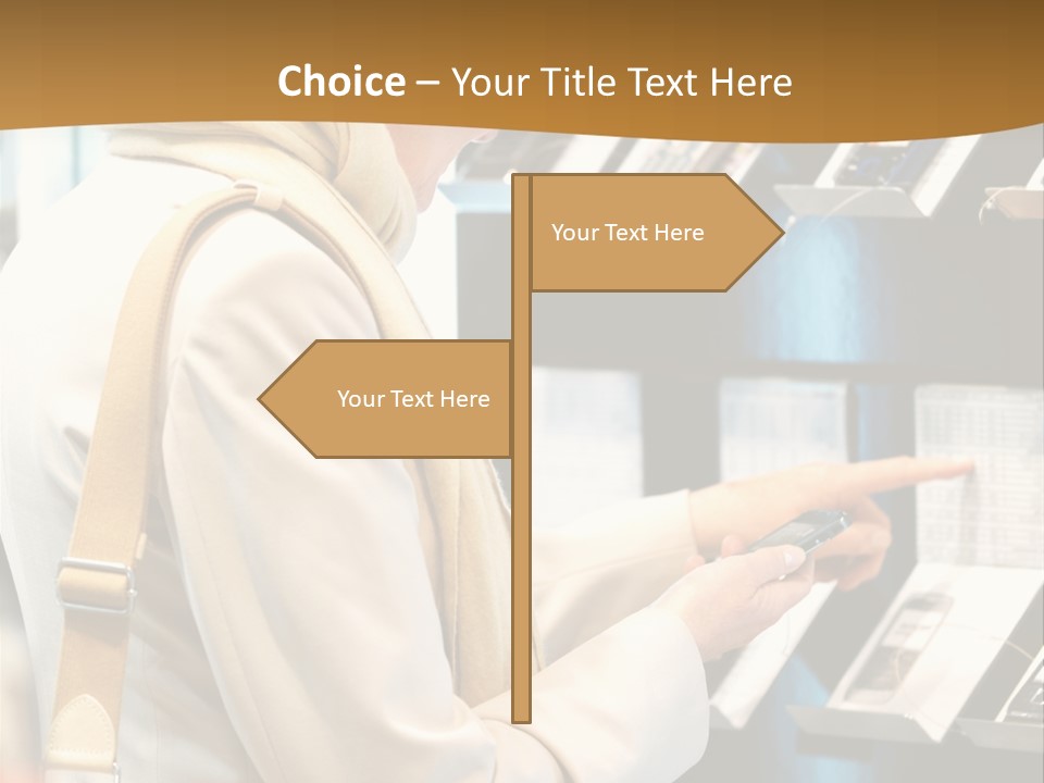 A Woman Is Looking At A Display Of Cell Phones PowerPoint Template