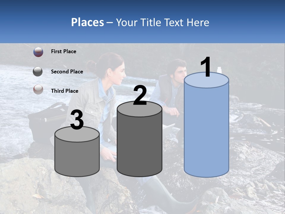 A Man And A Woman Sitting On Rocks With A Laptop PowerPoint Template