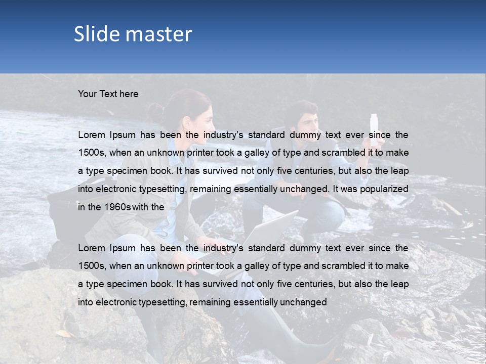 A Man And A Woman Sitting On Rocks With A Laptop PowerPoint Template