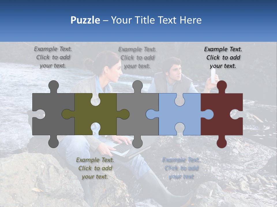 A Man And A Woman Sitting On Rocks With A Laptop PowerPoint Template