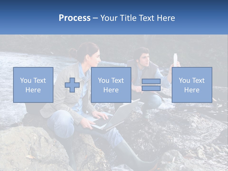 A Man And A Woman Sitting On Rocks With A Laptop PowerPoint Template