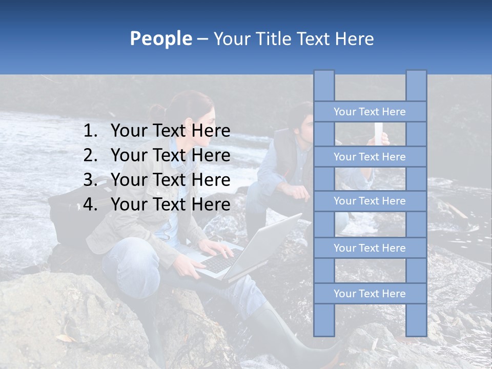 A Man And A Woman Sitting On Rocks With A Laptop PowerPoint Template