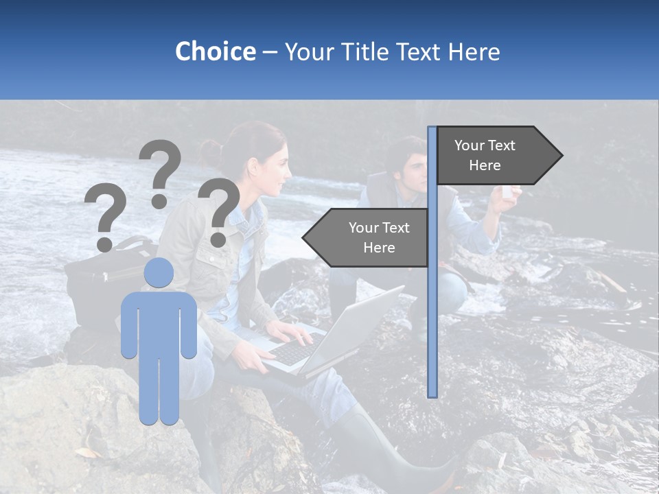 A Man And A Woman Sitting On Rocks With A Laptop PowerPoint Template