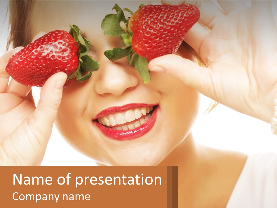 A Woman Holding Two Strawberries Over Her Eyes PowerPoint Template