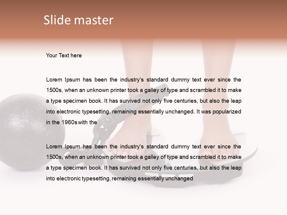 A Person Standing On A Scale With A Ball And Chain PowerPoint Template