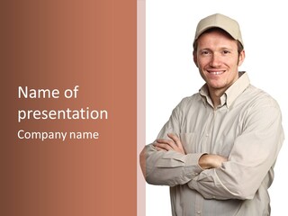A Man In A Hat Is Standing With His Arms Crossed PowerPoint Template