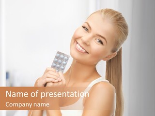 A Beautiful Woman Holding A Pill Pill Powerpoint Presentation Template PowerPoint Template