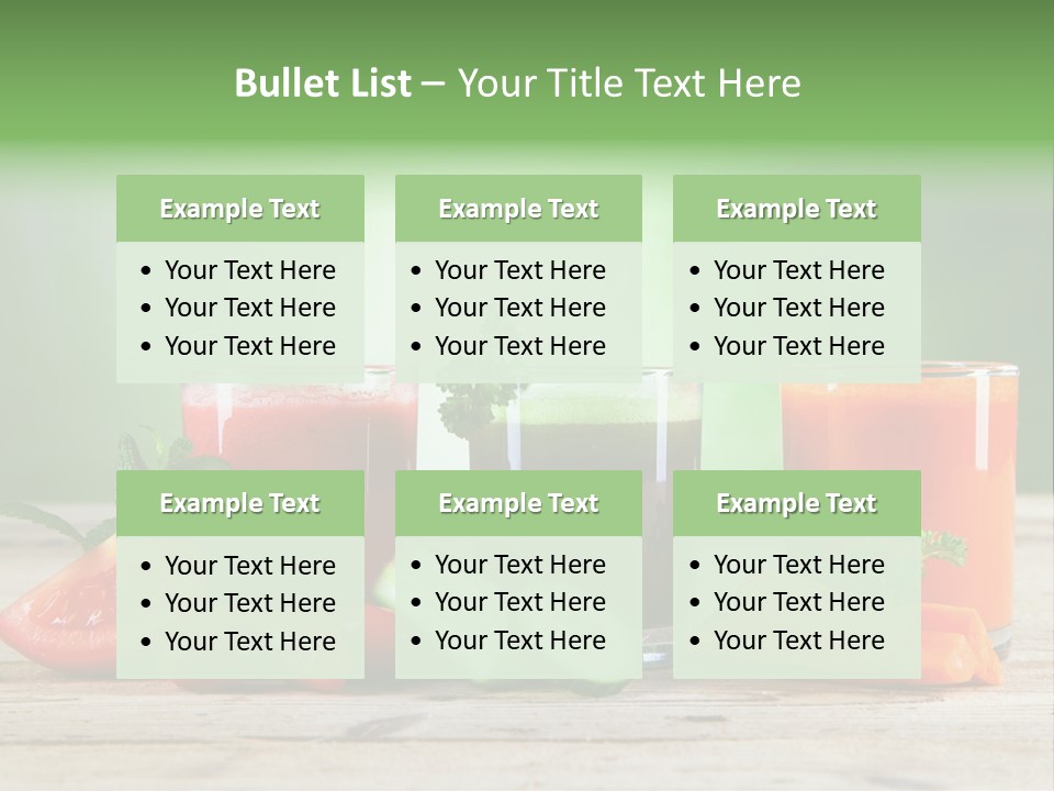 A Table Topped With Glasses Of Juice And Vegetables PowerPoint Template