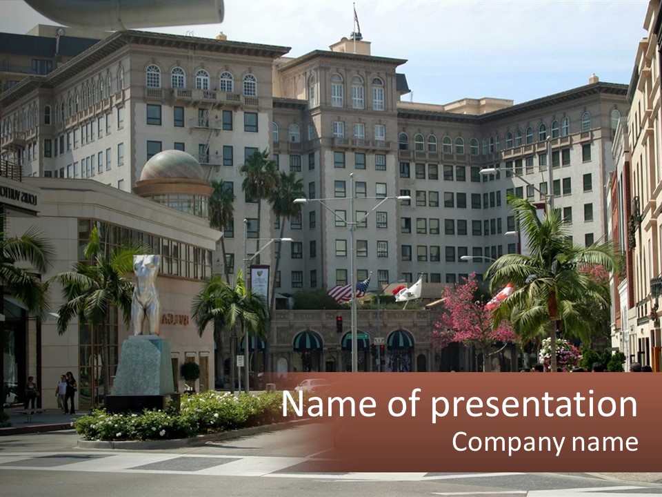 A City Street With Buildings And Palm Trees PowerPoint Template