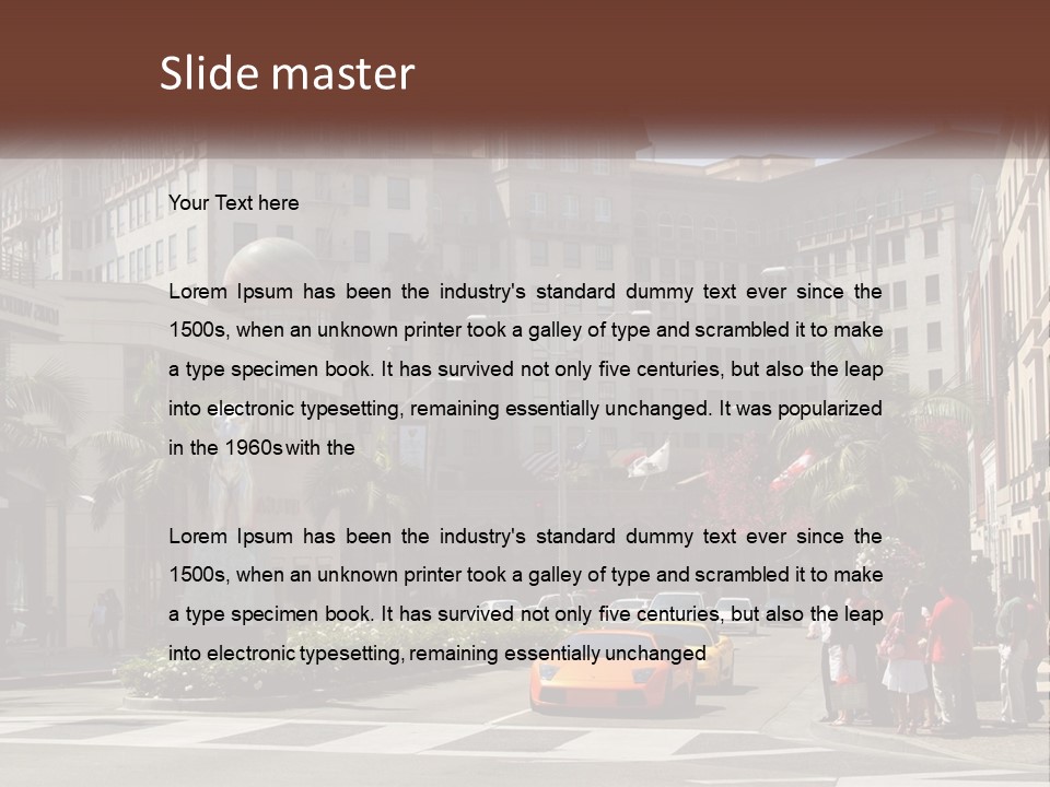 A City Street With Buildings And Palm Trees PowerPoint Template