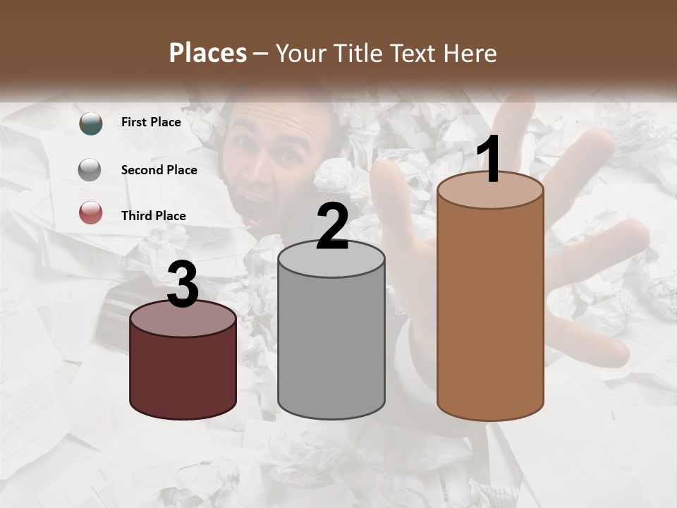 A Man With His Hand Out Through A Pile Of Papers PowerPoint Template