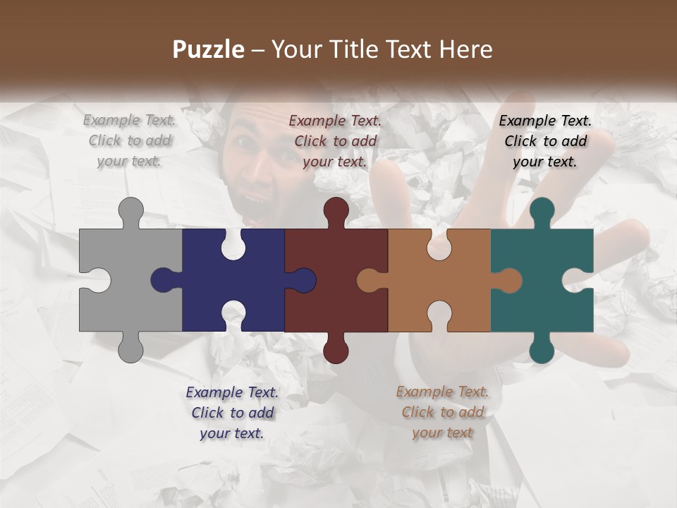 A Man With His Hand Out Through A Pile Of Papers PowerPoint Template