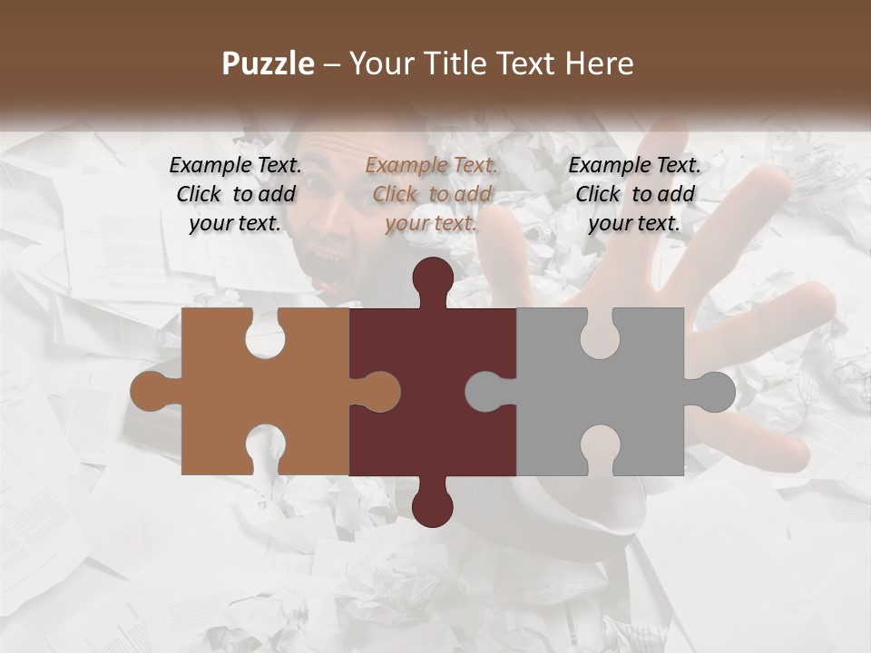 A Man With His Hand Out Through A Pile Of Papers PowerPoint Template