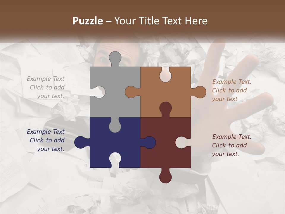 A Man With His Hand Out Through A Pile Of Papers PowerPoint Template