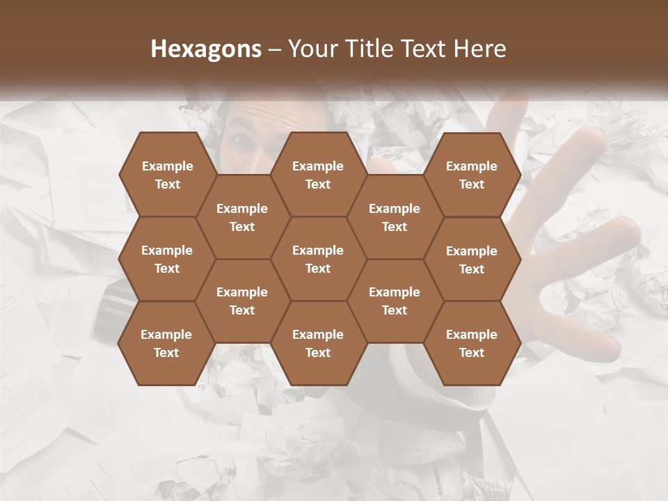 A Man With His Hand Out Through A Pile Of Papers PowerPoint Template