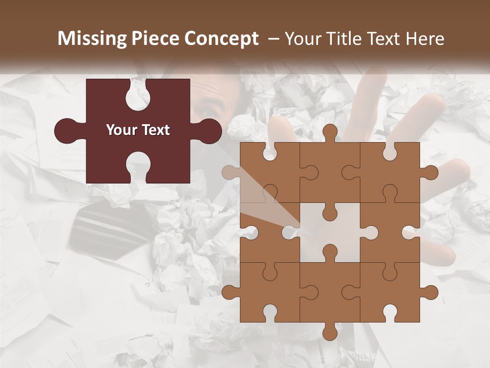 A Man With His Hand Out Through A Pile Of Papers PowerPoint Template