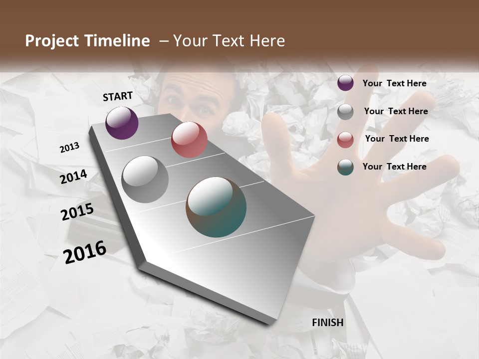 A Man With His Hand Out Through A Pile Of Papers PowerPoint Template