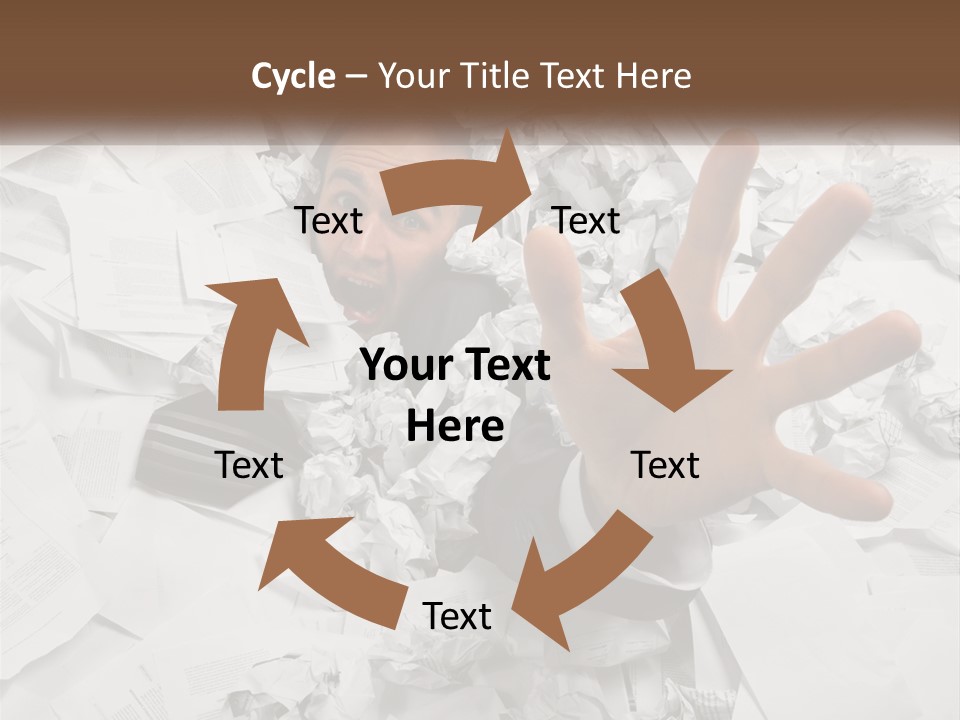 A Man With His Hand Out Through A Pile Of Papers PowerPoint Template