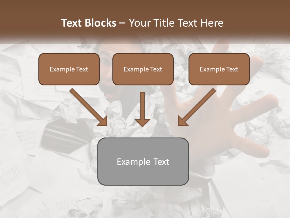 A Man With His Hand Out Through A Pile Of Papers PowerPoint Template